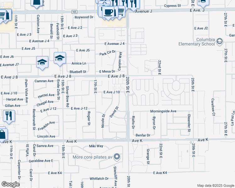 map of restaurants, bars, coffee shops, grocery stores, and more near 1820 East Avenue J 10 in Lancaster