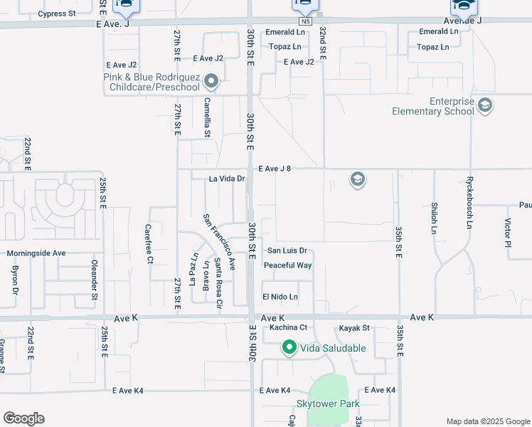 map of restaurants, bars, coffee shops, grocery stores, and more near 3038 San Ramon Drive in Lancaster