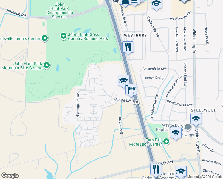 map of restaurants, bars, coffee shops, grocery stores, and more near 2022 Golf Road Southwest in Huntsville