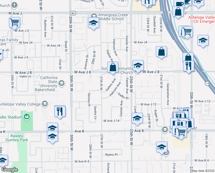 map of restaurants, bars, coffee shops, grocery stores, and more near 43939 Galion Avenue in Lancaster