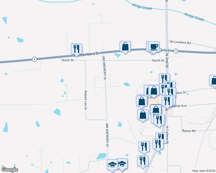map of restaurants, bars, coffee shops, grocery stores, and more near 201 Nottingham Lane in Booneville