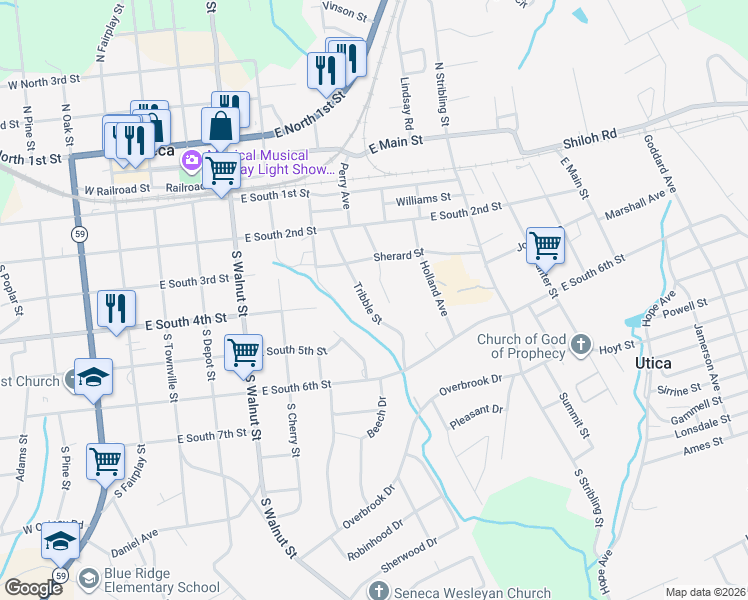 map of restaurants, bars, coffee shops, grocery stores, and more near 404 Tribble Street in Seneca