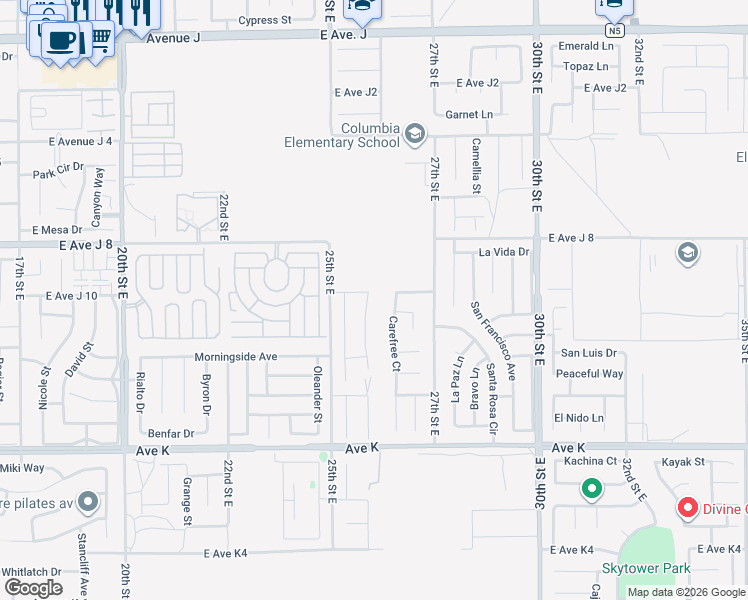 map of restaurants, bars, coffee shops, grocery stores, and more near 43846 Tranquility Court in Lancaster