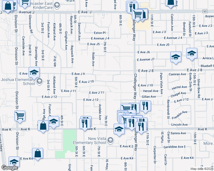 map of restaurants, bars, coffee shops, grocery stores, and more near 45260 7th Street in Lancaster