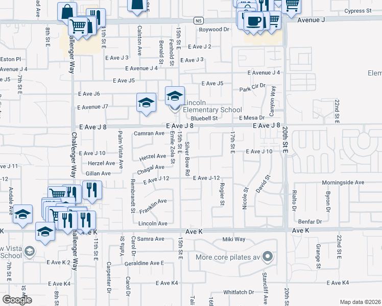 map of restaurants, bars, coffee shops, grocery stores, and more near 43860 Silver Bow Road in Lancaster