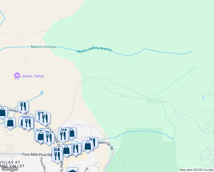 map of restaurants, bars, coffee shops, grocery stores, and more near 4950 Ledges Drive in Huntsville