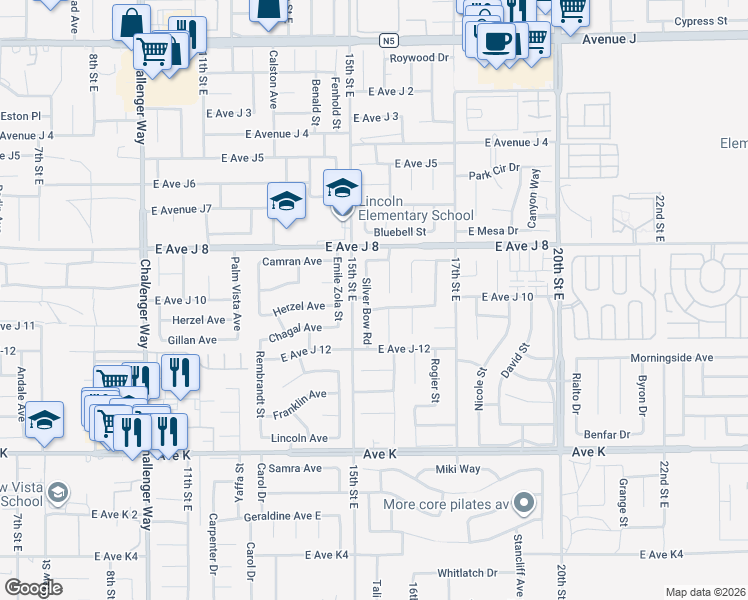 map of restaurants, bars, coffee shops, grocery stores, and more near 43860 Silver Bow Road in Lancaster