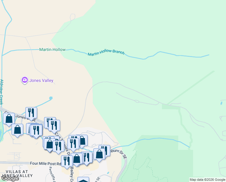 map of restaurants, bars, coffee shops, grocery stores, and more near 4950 Ledges Drive in Huntsville