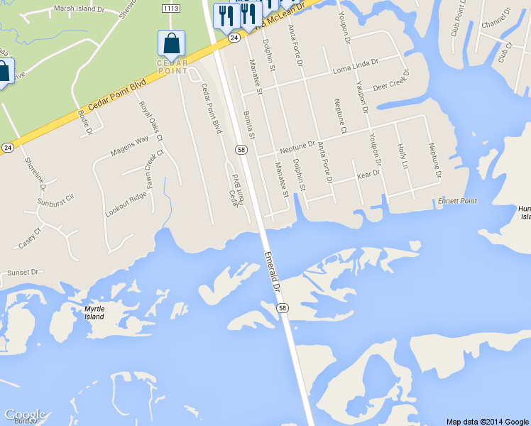 map of restaurants, bars, coffee shops, grocery stores, and more near 320 Bonita Street in Cape Carteret