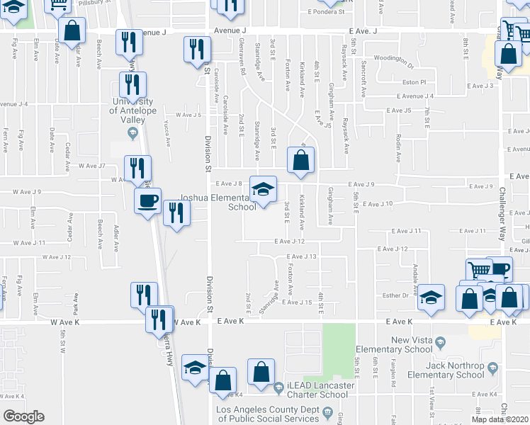 map of restaurants, bars, coffee shops, grocery stores, and more near 43926 2nd Street East in Lancaster