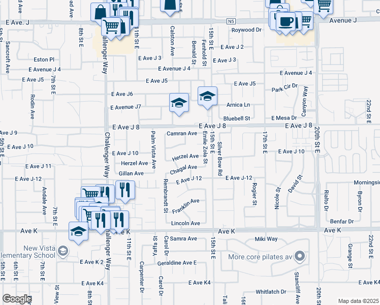 map of restaurants, bars, coffee shops, grocery stores, and more near 1311 Herzel Avenue in Lancaster