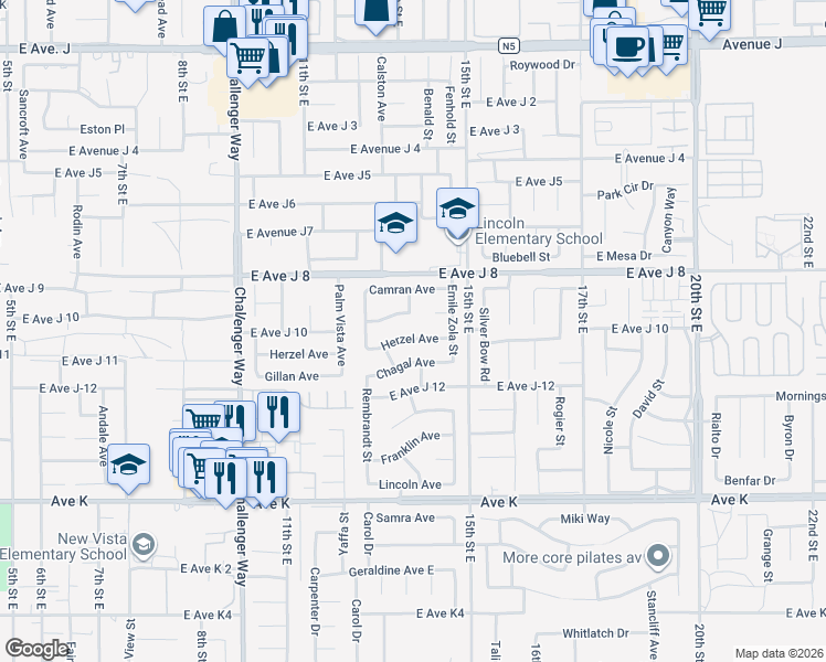 map of restaurants, bars, coffee shops, grocery stores, and more near 1305 Herzel Avenue in Lancaster