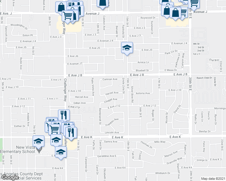 map of restaurants, bars, coffee shops, grocery stores, and more near 1305 Herzel Avenue in Lancaster