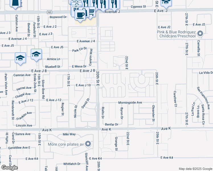 map of restaurants, bars, coffee shops, grocery stores, and more near 43850 20th Street East in Lancaster