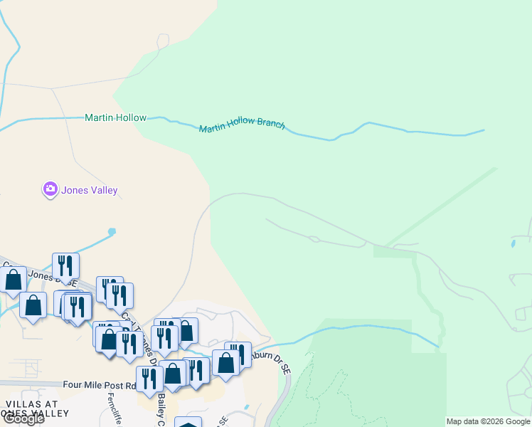 map of restaurants, bars, coffee shops, grocery stores, and more near 4950 Ledges Drive in Huntsville