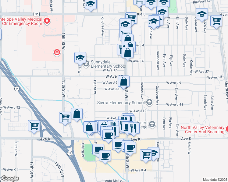 map of restaurants, bars, coffee shops, grocery stores, and more near 1042 West Avenue J-10 in Lancaster