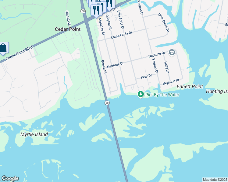 map of restaurants, bars, coffee shops, grocery stores, and more near 206 Bogue Lane in Cape Carteret
