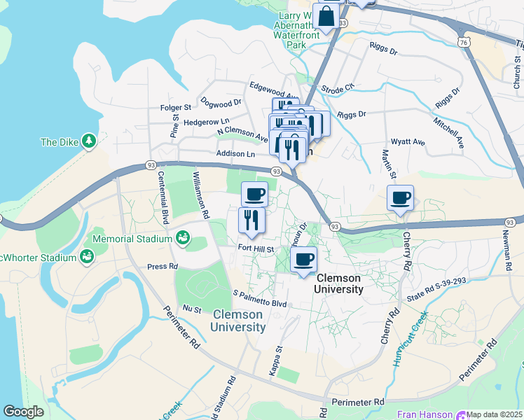 map of restaurants, bars, coffee shops, grocery stores, and more near in Clemson