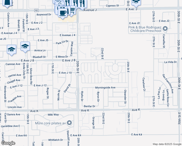 map of restaurants, bars, coffee shops, grocery stores, and more near 43850 20th Street East in Lancaster