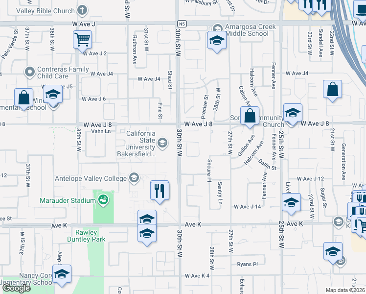 map of restaurants, bars, coffee shops, grocery stores, and more near 43853 Kennsington Place in Lancaster