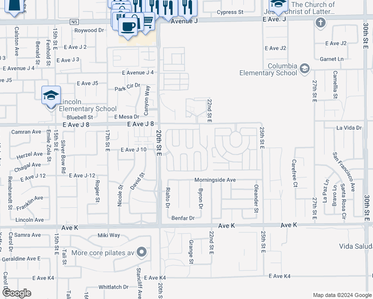 map of restaurants, bars, coffee shops, grocery stores, and more near in Hi Vista