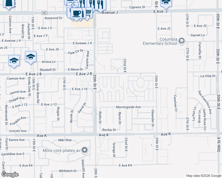 map of restaurants, bars, coffee shops, grocery stores, and more near 43850 20th Street East in Lancaster