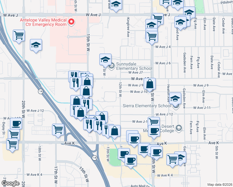 map of restaurants, bars, coffee shops, grocery stores, and more near 1225 Meadow View Lane in Lancaster