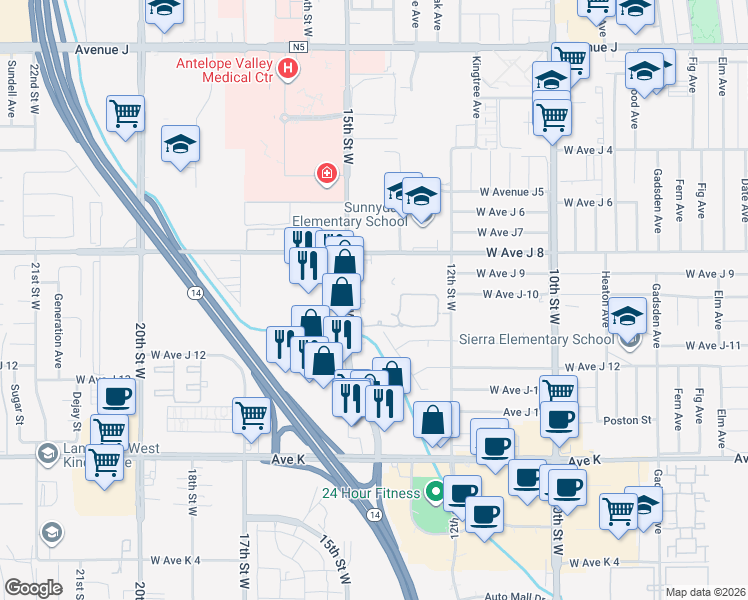 map of restaurants, bars, coffee shops, grocery stores, and more near 1317 Meadow View Lane in Lancaster