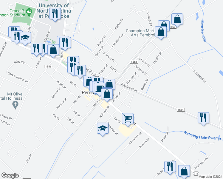 map of restaurants, bars, coffee shops, grocery stores, and more near 201 Union Chapel Rd in Pembroke