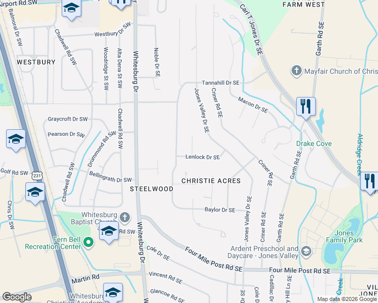 map of restaurants, bars, coffee shops, grocery stores, and more near 804 Lenlock Drive Southeast in Huntsville