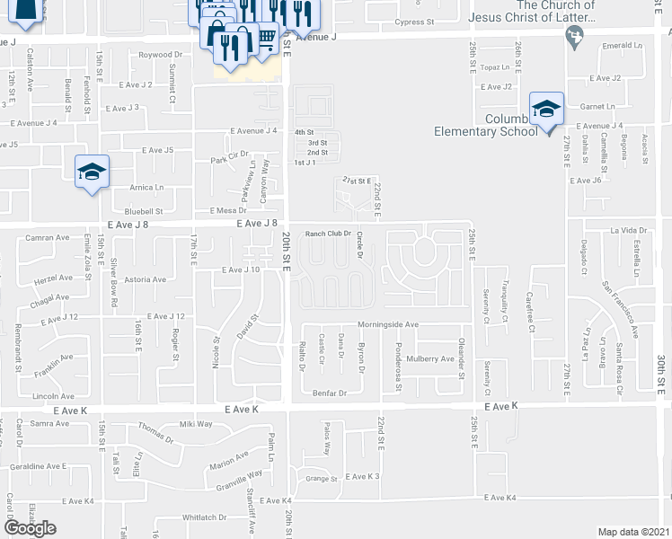 map of restaurants, bars, coffee shops, grocery stores, and more near 43850 20th Street East in Lancaster