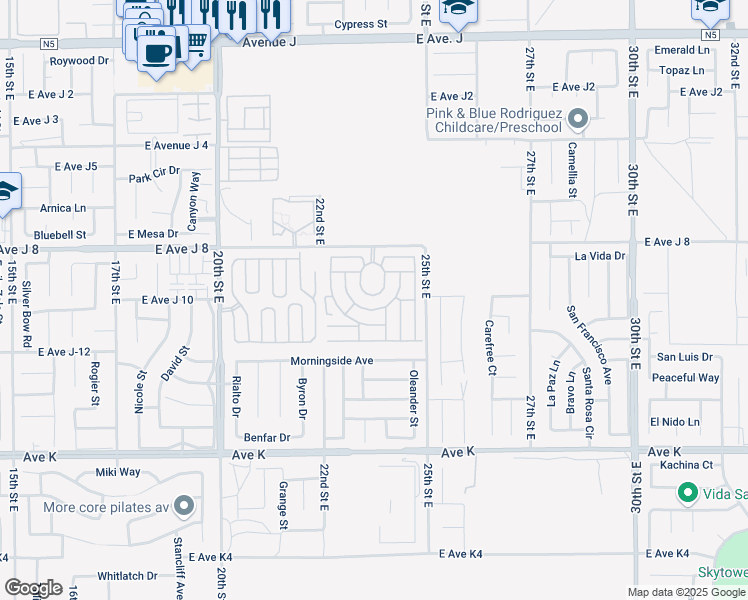 map of restaurants, bars, coffee shops, grocery stores, and more near 2330 East Avenue J 8 in Lancaster