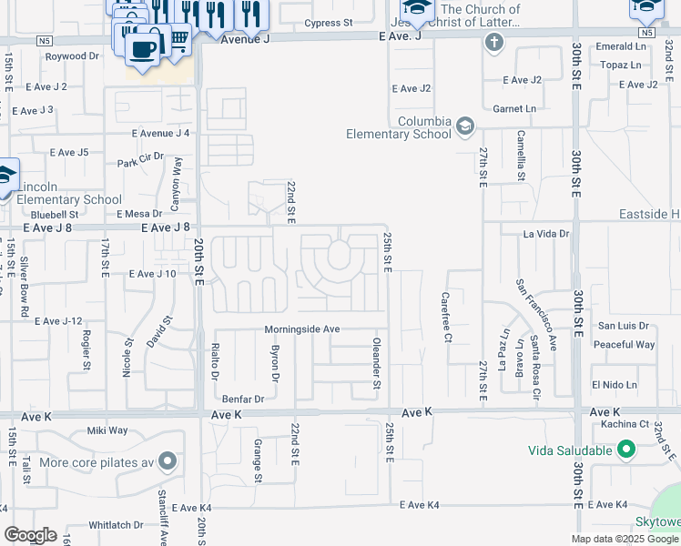 map of restaurants, bars, coffee shops, grocery stores, and more near 2330 East Avenue H10 in Lancaster