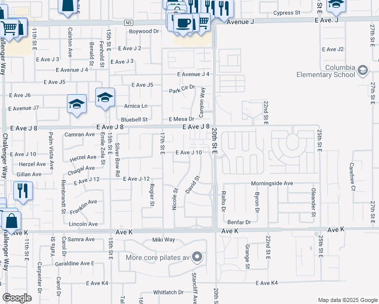 map of restaurants, bars, coffee shops, grocery stores, and more near East Avenue J 10 in Lancaster