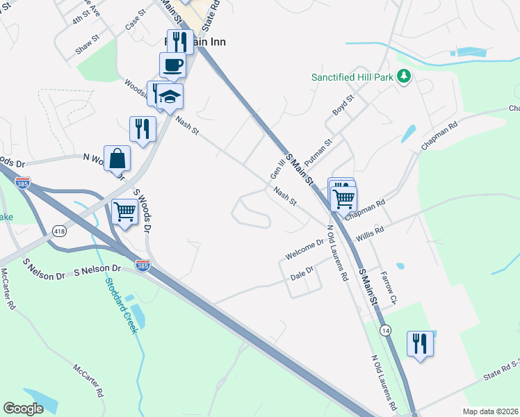 map of restaurants, bars, coffee shops, grocery stores, and more near 511 Nash Street in Fountain Inn