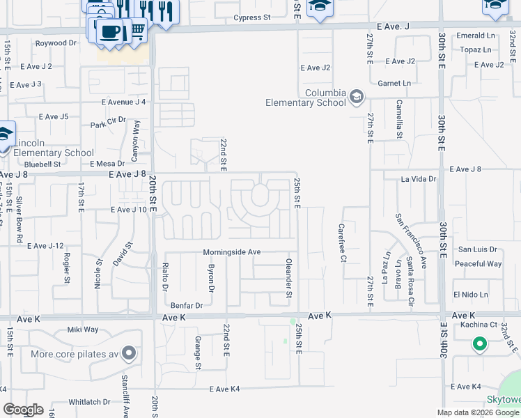 map of restaurants, bars, coffee shops, grocery stores, and more near 2330 East Avenue J 8 in Lancaster