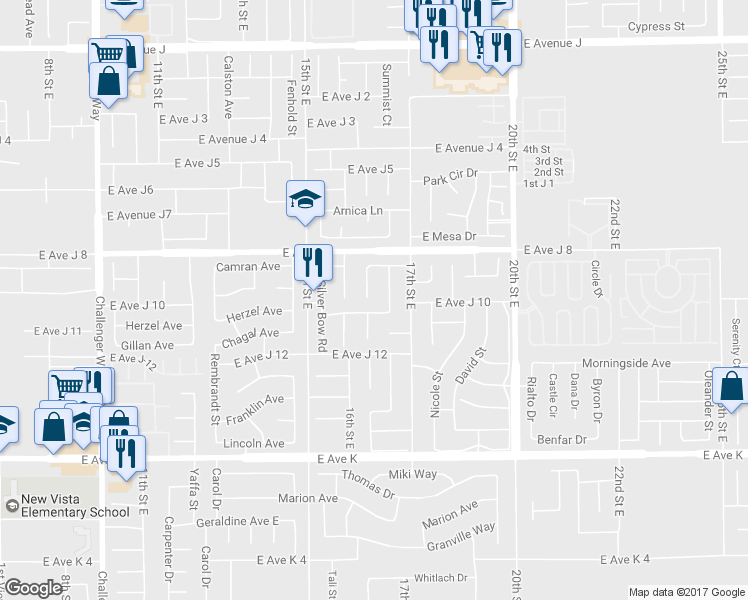 map of restaurants, bars, coffee shops, grocery stores, and more near 43902 Broadwater Avenue in Lancaster