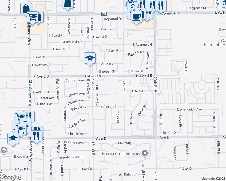 map of restaurants, bars, coffee shops, grocery stores, and more near 43902 Broadwater Avenue in Lancaster