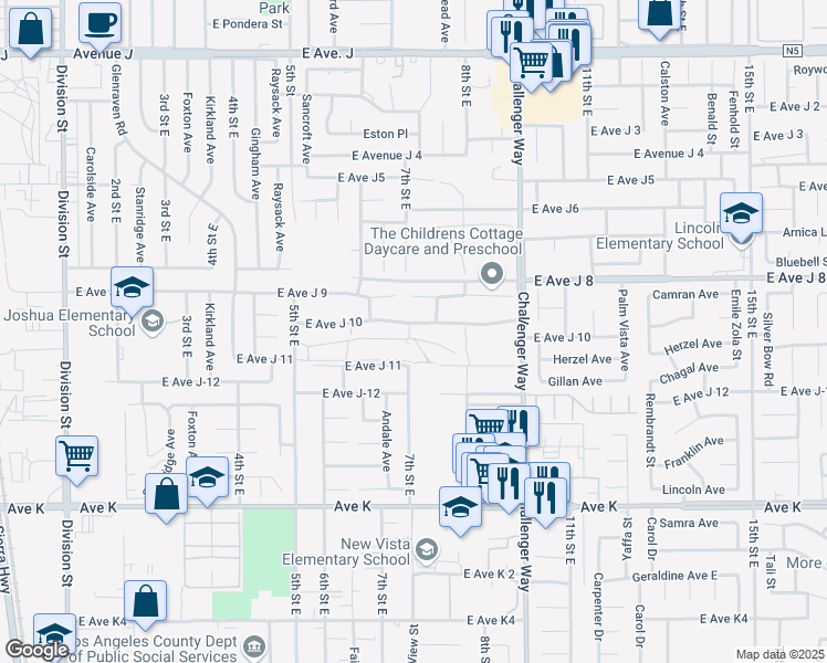 map of restaurants, bars, coffee shops, grocery stores, and more near 702 East Avenue J 10 in Lancaster