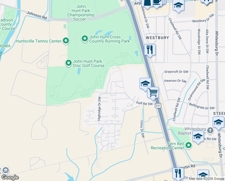 map of restaurants, bars, coffee shops, grocery stores, and more near 3931 Highridge Drive Southwest in Huntsville