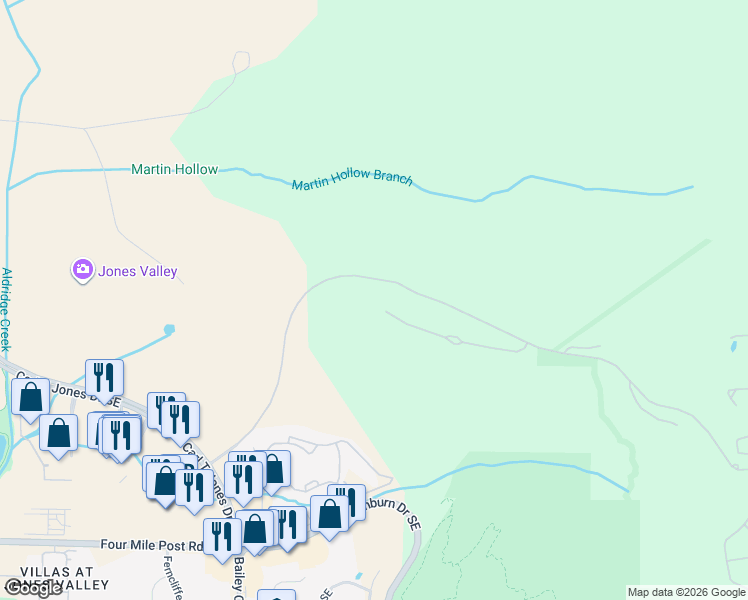 map of restaurants, bars, coffee shops, grocery stores, and more near 4950 Ledges Drive in Huntsville
