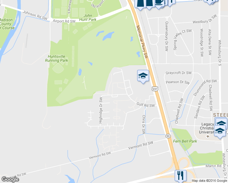 map of restaurants, bars, coffee shops, grocery stores, and more near 3931 Highridge Drive Southwest in Huntsville