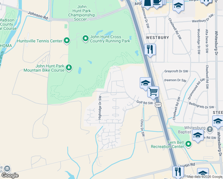 map of restaurants, bars, coffee shops, grocery stores, and more near 3931 Highridge Drive Southwest in Huntsville