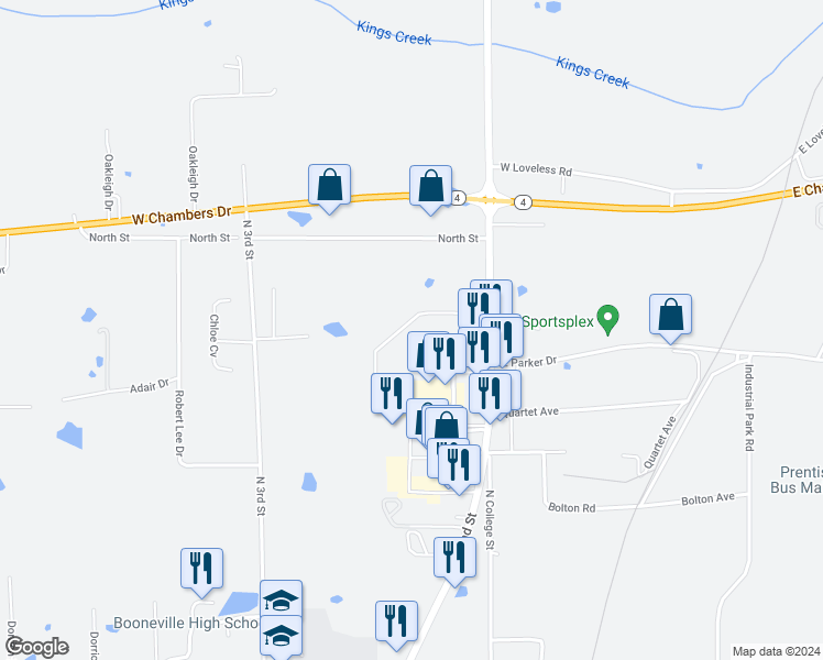 map of restaurants, bars, coffee shops, grocery stores, and more near 295 Homer Road in Booneville