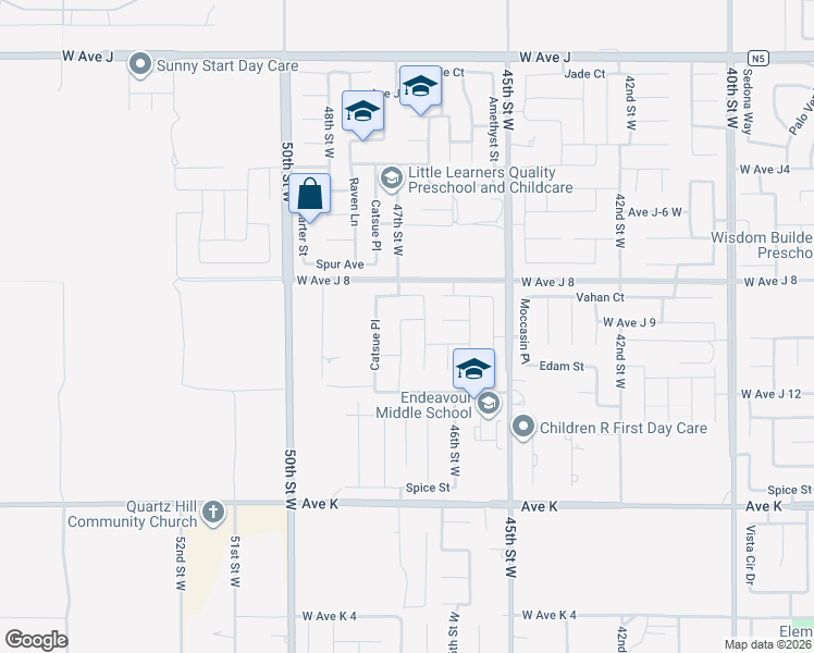 map of restaurants, bars, coffee shops, grocery stores, and more near 43851 47th Street West in Lancaster