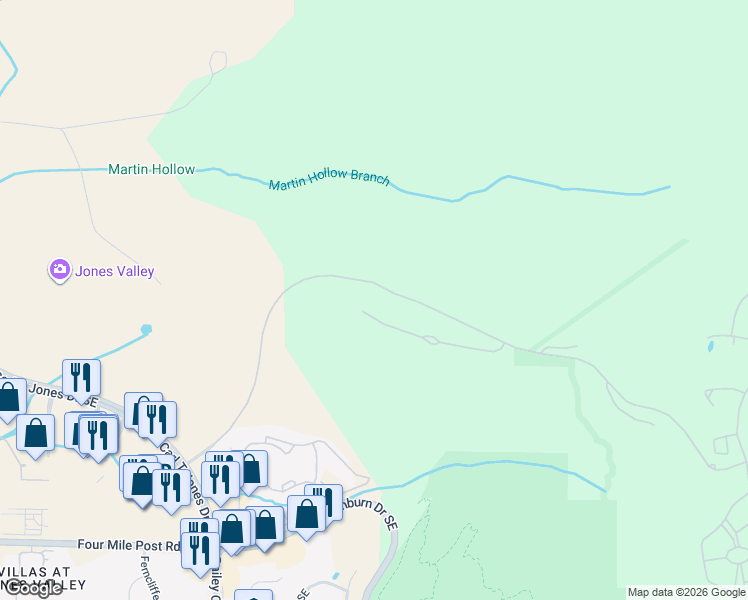 map of restaurants, bars, coffee shops, grocery stores, and more near 4950 Ledges Drive in Huntsville