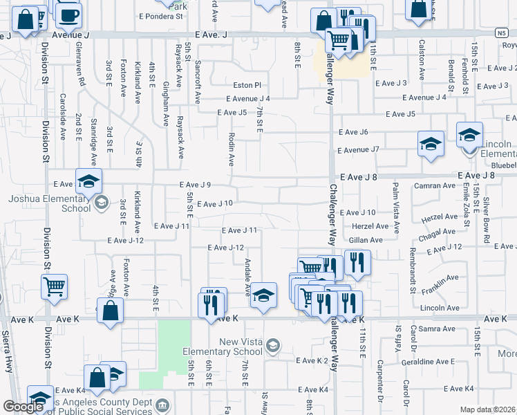 map of restaurants, bars, coffee shops, grocery stores, and more near 660 East Avenue J 10 in Lancaster