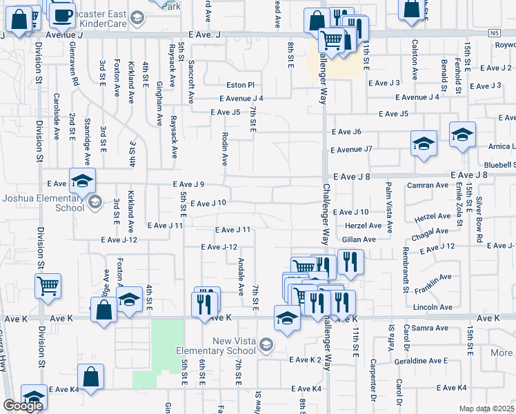 map of restaurants, bars, coffee shops, grocery stores, and more near 702 East Avenue J 10 in Lancaster