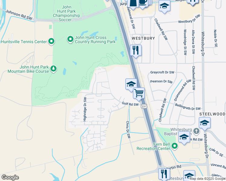map of restaurants, bars, coffee shops, grocery stores, and more near 2022 Golf Road Southwest in Huntsville