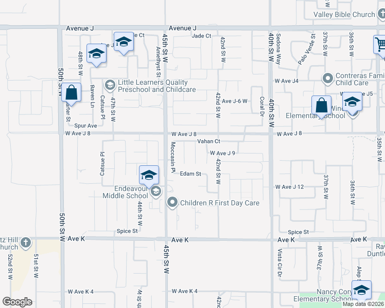 map of restaurants, bars, coffee shops, grocery stores, and more near 43911 43rd Street West in Lancaster